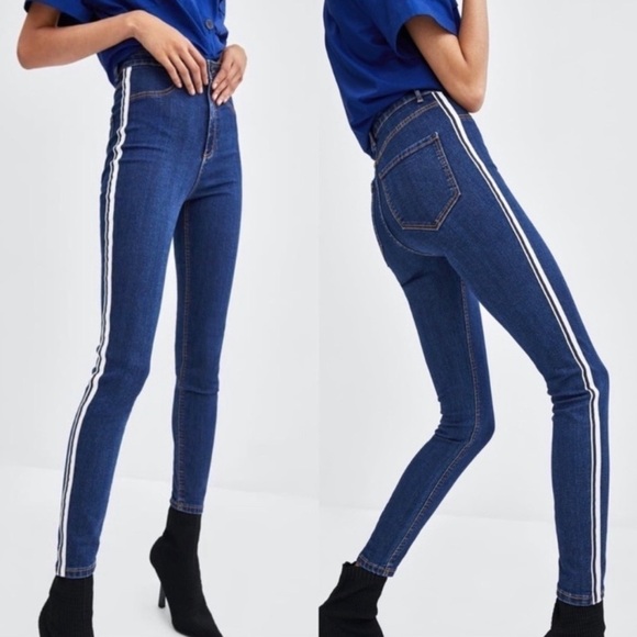 Zara Trafaluc Womens Skinny High Waist Jeans Sporty Chic Denim Stripe Pants 6 - Picture 1 of 9